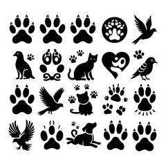 Fototapeta premium Vector silhouette of collection of animal paws on white background. Symbol of pets