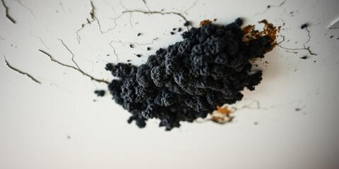 Close-up view of a dark, textured mass adhering to a cracked, white surface