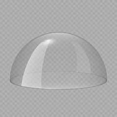 Glass dome, transparent ball, clear plastic cover. Empty glass protection case for product display. Force field shield bubble. Christmas snow globe. 3D realistic vector isolated on transparent. © Mariquita vector