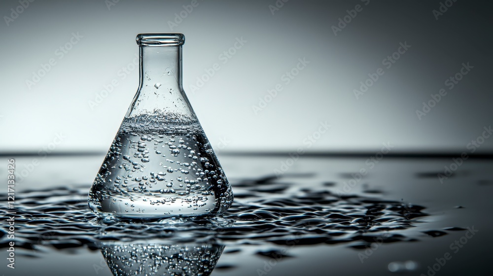 Poster clear erlenmeyer flask with bubbles on reflective surface