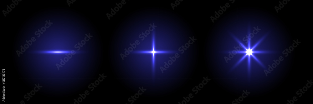 Aufkleber sparkle lights with flare effect. blue glared glow stars of different shapes on black background. fl