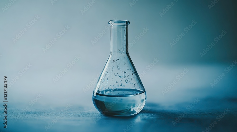 Poster clear erlenmeyer flask with liquid droplets on a blue background