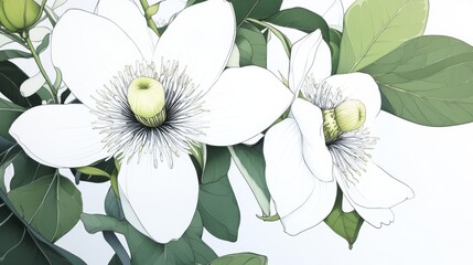 White magnolia flowers with green leaves in full bloom