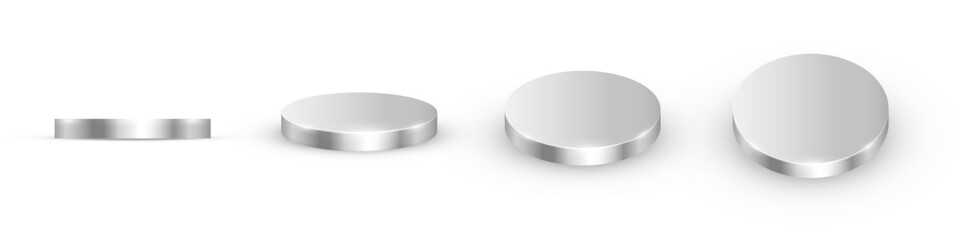 Silver podiums. Platinum 3d round metal platforms for product presentation or winner award ceremony in different angles view. Chrome empty stages on white background. Realistic vector illustration.