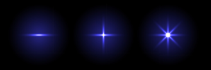 Sparkle lights with flare effect. Blue glared glow stars of different shapes on black background. Flash of light with ray beams in space. Abstract futuristic vector illustration set.