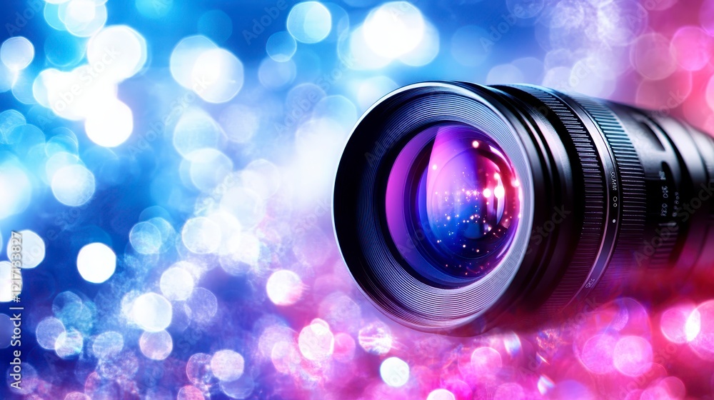 Poster close up of a camera lens with colorful bokeh background