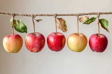 A single string of dried apples hanging on a neutral background. picture
