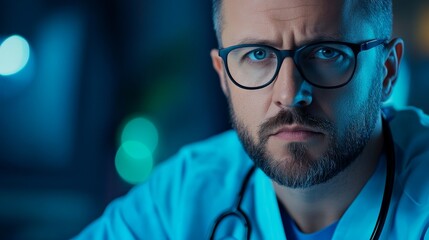 Focused Doctor Serious Expression - Close-up portrait of a doctor with a serious expression, wearing glasses and a stethoscope.  Blue toned lighting.