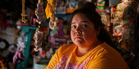 Naklejka premium Portrait of Young Woman in Cluttered Room with Hanging Fabric and Paper Scraps