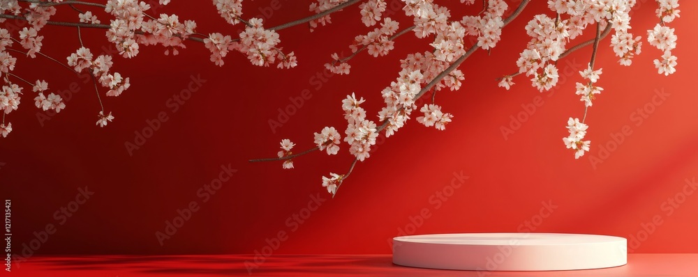 Poster elegant red podium for product display in a minimalist studio with gradient backdrop and ample copy 