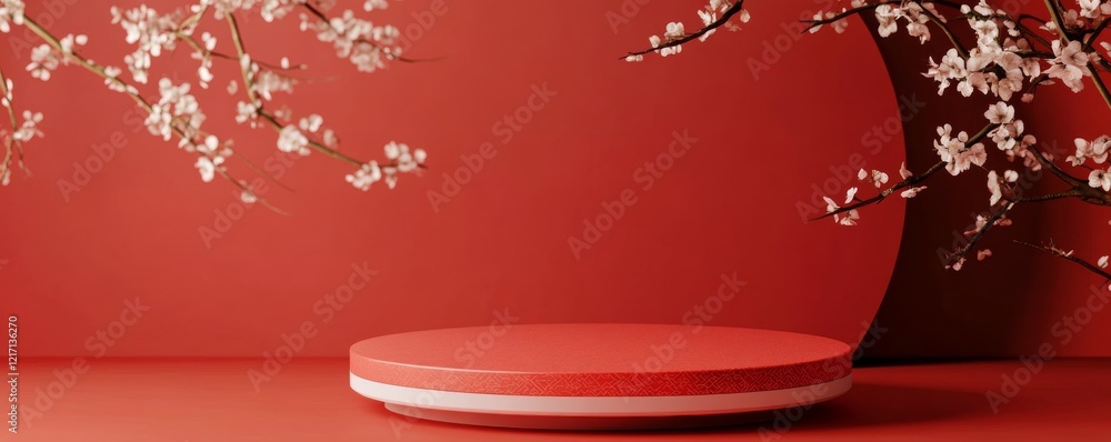 Poster elegant red podium for product display in a minimalist studio with gradient backdrop and ample copy 