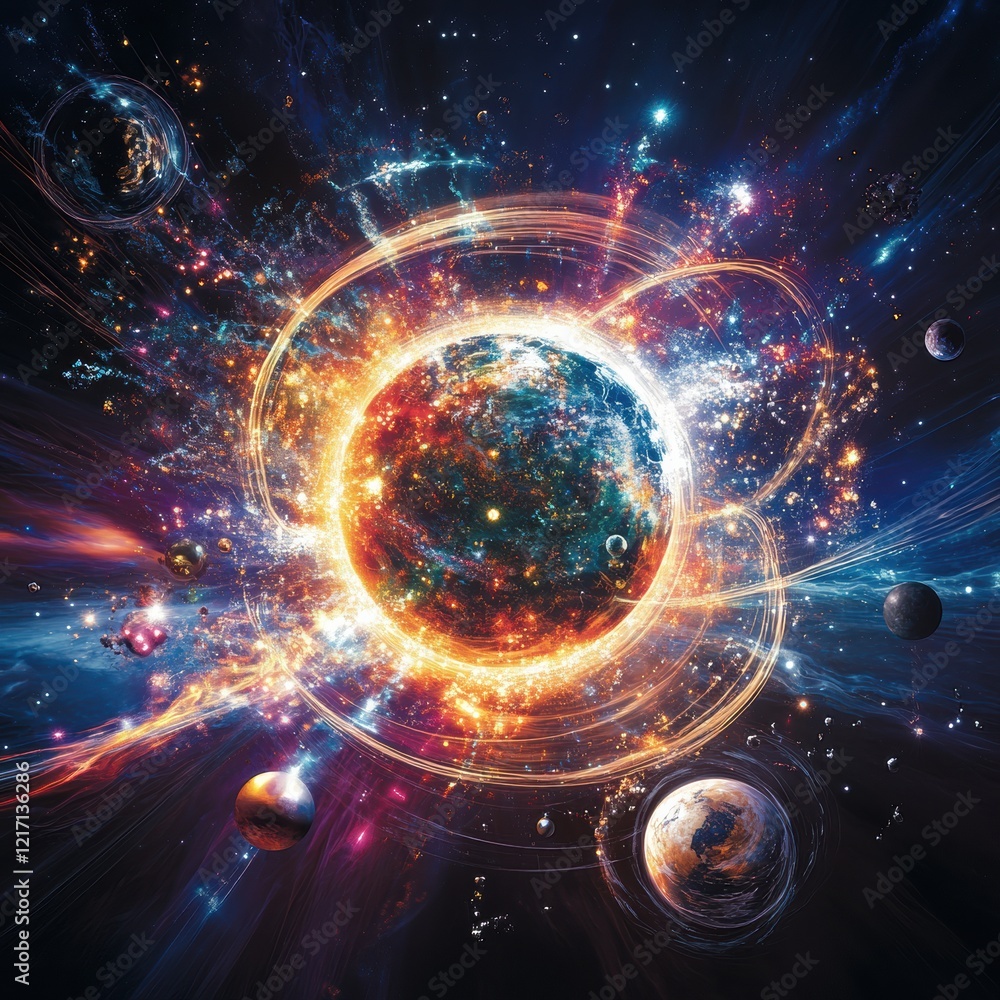 Poster colorful cosmic explosion with planets and stars captured in deep space. generative ai