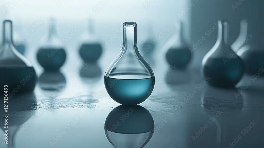 Poster close up of glass flasks reflecting on a polished surface in a laboratory setting