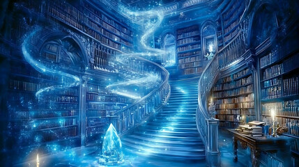 Obraz premium Enchanted Library with Glowing Staircase