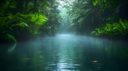 Fototapeta premium Mysterious Jungle River Enveloped in Mist: A Tranquil Tropical Scene