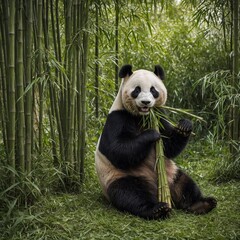 Obraz premium A panda munching on bamboo in a peaceful bamboo grove.