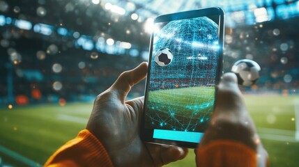 Person watching soccer game on phone with augmented reality.