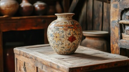 Ornate vase sits on antique chest, rustic shop background