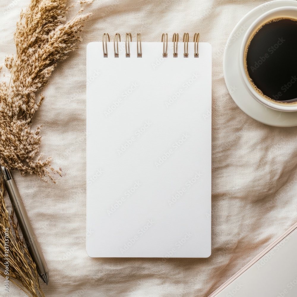 Poster notepad and coffee on a textured fabric surface in a cozy workspace setting during the morning hours