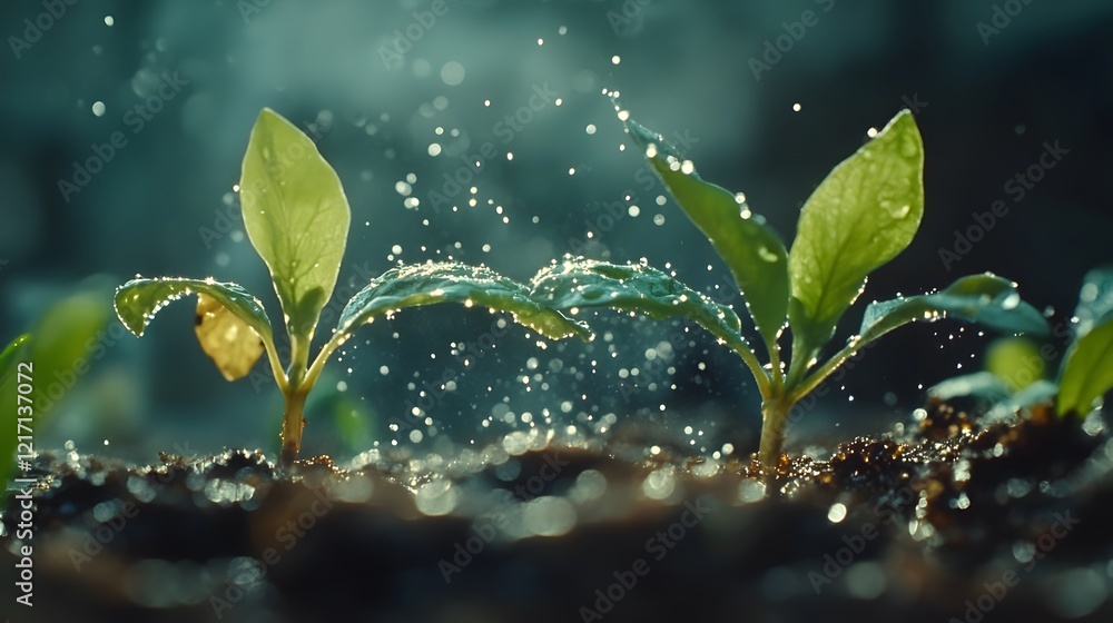Poster close-up of fresh green seedlings growing in rich soil with sparkling water droplets that create a s