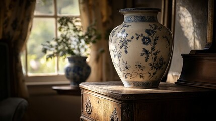 Blue floral vase sits on antique dresser, sunlit room