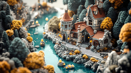 Obraz premium Enchanted River Castle in Autumn Forest