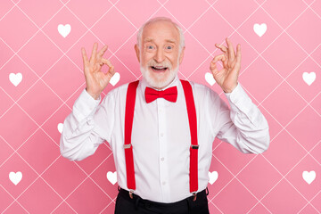 Portrait of attractive cheerful gray-haired guy showing double ok-sign ad advert agree isolated over pink pastel color background