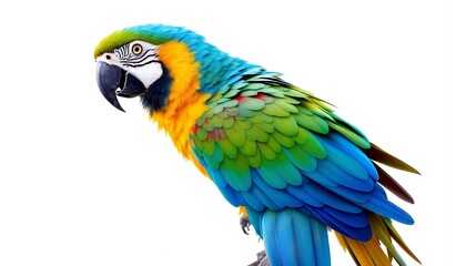 Fototapeta premium Vibrant Blue-Gold Macaw Parrot Portrait Against White Background: A Stunning Display of Tropical Bird Beauty