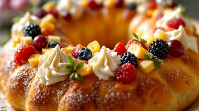 Close-Up of Rosca de Pascua: A Traditional Easter Sweet Bread Decorated with Fresh Fruit and Cream