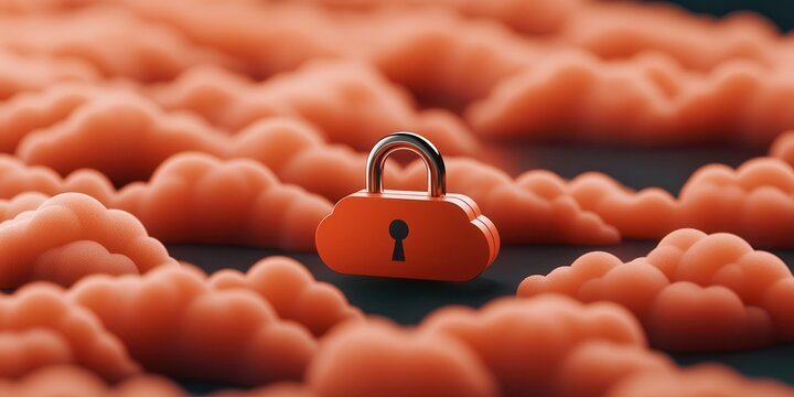 AI cloud backup and storage data protection. A bright orange padlock rests atop fluffy clouds, symbolizing cloud security and data protection in a digital environment.