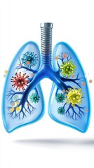 Digital illustration of human lungs surrounded by various colorful viruses and bacteria, depicting the respiratory system's vulnerability to infections and pollutants