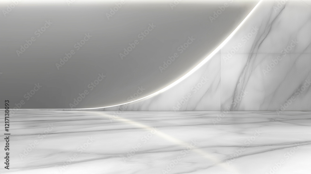 Poster minimalist modern interior with white marble countertop and subtle gray veining, light gray wall wit
