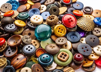 Vintage Buttons Collection: Assorted Old & Used Buttons Isolated on White Background