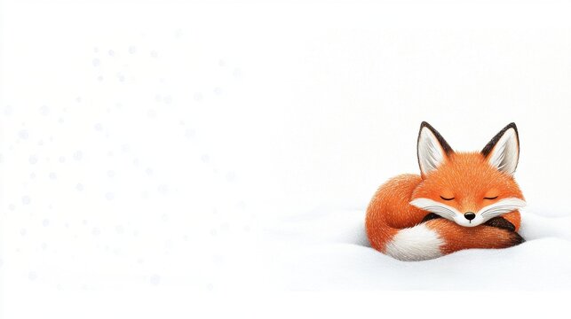 Cozy Fox in Winter: A charming illustration of a red fox curled up in a cozy ball, enveloped by a flurry of falling snow.