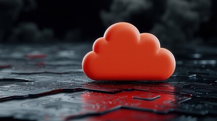 Fototapeta premium AI cloud backup and storage data protection. A vibrant red cloud icon sits atop a dark, textured surface, suggesting themes of technology, data storage, and digital connectivity.