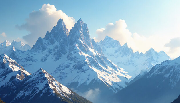 Majestic snow-capped mountains under blue sky with fluffy clouds, breathtaking natural landscape
