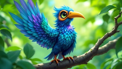 Fototapeta premium Enchanted Blue Avian Wonder: A Digital Painting of a Fantasy Bird Perched on a Branch