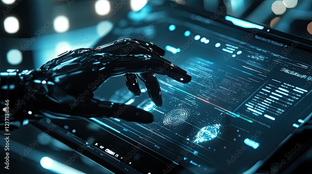 Aufkleber futuristic robotic hand interacting with advanced holographic user interface