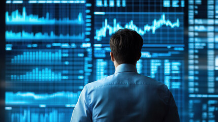 Businessman Analyzing Financial Data on Digital Screens