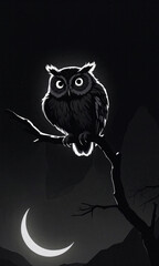 Fototapeta premium Owl perched on branch with crescent moon in background