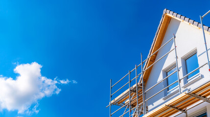 Fototapeta premium House scaffolding reconstruction concept. Scaffolding surrounds house under construction against clear blue sky