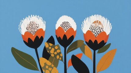 Stylized protea flowers on blue background with vibrant leaves