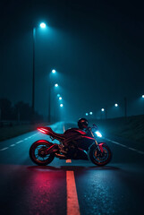 Glowing Super Bike with Helmet on a Dark Road