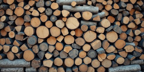 A dense stack of neatly arranged firewood logs, showcasing the natural texture and concentric rings of the wood
