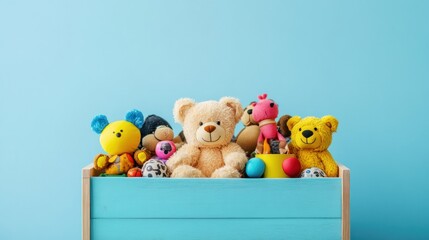 Colorful stuffed toys in a blue wooden toy box against a light blue background.