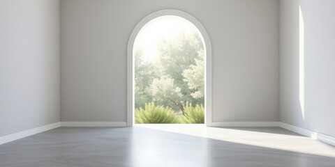 Obraz premium Serene Empty Room with Archway and Verdant Garden View