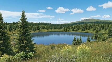 Obraz premium Serene mountain lake, wildflowers, sunny sky, tourism