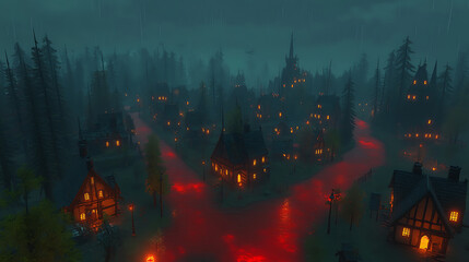 Fototapeta premium Enchanted Village at Night with Glowing River