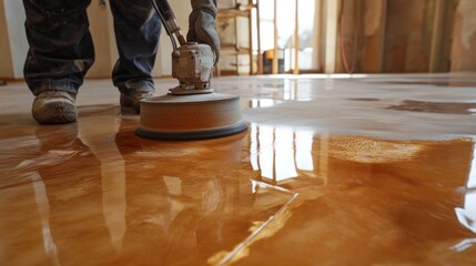 Worker polishing wet epoxy floor.