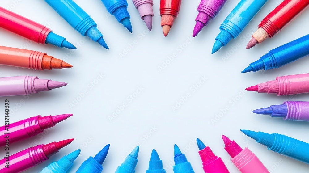 Poster colorful markers in a circular pattern on white background